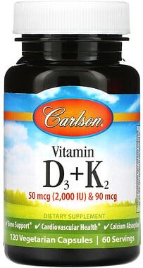 Carlson, Vitamin D3 + K2, 50 mcg (2.000 IU) und 90 mcg, 120 vegetarische Kapseln