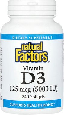 Natural Factors, Vitamin D3, 125 mcg (5.000 IU), 240 Weichkapseln