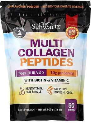 BioSchwartz, Multi Collagen Peptides Powder, Multi-Kollagen-Peptid-Pulver, Typ I, II, III, V und X, mit Biotin und Vitam...