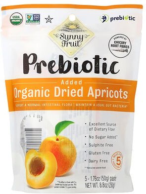 Sunny Fruit, Organic Dried Apricots With Added Prebiotics, getrocknete Bio-Aprikosen mit Zusatz von Präbiotika, 5 Packun...