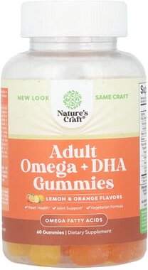 Nature's Craft, Adult Omega + DHA Gummies, Fruchtgummis für Erwachsene, Zitrone und Orange, 60 Fruchtgummis