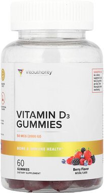 Vitauthority, Vitamin D3 Gummies, Fruchtgummis mit Vitamin D3, Beere, 60 Fruchtgummis (25 mcg pro Fruchtgummi)