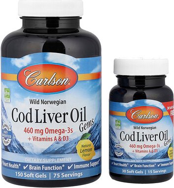 Carlson, Wild Norwegian, Cod Liver Oil Gems, Zitrone, 150 + 30 Weichkapseln