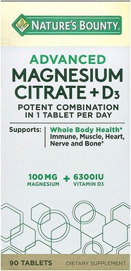 Nature's Bounty, Advanced Magnesium Citrate + D3, verbessertes Magnesiumcitrat + D3, 90 Tabletten