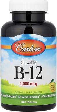 Carlson, Chewable B-12, Kautabletten mit B12, natürliche Zitrone, 1.000 mcg, 180 Tabletten