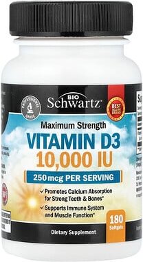 Thumbnail - BioSchwartz, Maximum Strength Vitamin D3, Vitamin D3 in maximaler Stärke, 250 mcg (10.000 IU), 180 Weichkapseln