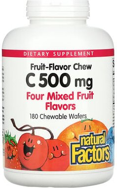 Thumbnail - Natural Factors, 100% natürliches Fruit Chew Vitamin C, vier gemischte Fruchtgeschmacksrichtungen, 500 mg, 180 Kauwaffel...