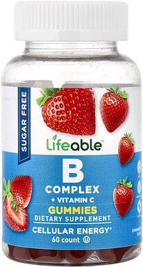 Lifeable, B Complex + Vitamin C Gummies, B-Komplex- und Vitamin-C-Fruchtgummis, zuckerfrei, Erdbeere, 60 Fruchtgummis