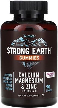 YumVs, Strong Earth Gummies, Calcium, Magnesium und Zink + Vitamin D, Himbeere, 90 Fruchtgummis