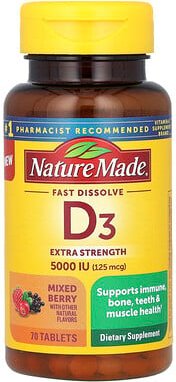 Nature Made, Fast Dissolve D3, Mixed Berry, schnell auflösendes Vitamin D3, gemischte Beeren, 125 mcg (5.000 IU), 70 Tab...