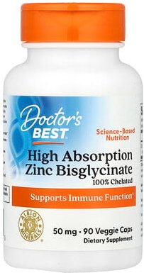 Doctor's Best, Zinkbisglycinat mit hoher Absorptionsfähigkeit, 100% chelatisiert, 50 mg, 90 pflanzliche Kapseln