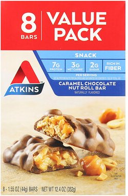Atkins, Snack, Caramel Chocolate Nut Roll Bar, Karamell-Schokolade-Nuss-Rollriegel, 8 Riegel, je 44 g (1,55 oz.).