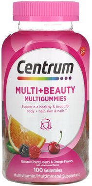 Centrum, Multi + Beauty Multigummis, Natürliche Kirsche, Beere und Orange, 100 Fruchtgummis