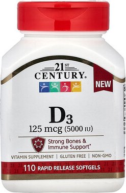 21st Century, Vitamin D3, 125 mcg (5.000 IU), 110 Weichkapseln mit schneller Freisetzung