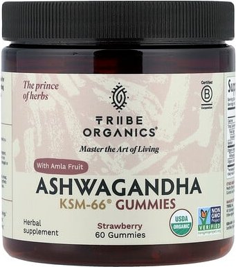 Tribe Organics, Ashwagandha KSM-66® Gummies with Amla Fruit, Fruchtgummis mit Amla-Frucht, Erdbeere, 60 Fruchtgummis