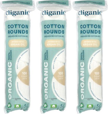 Cliganic, Organic Cotton Rounds Infused With Argan Oil, Bio-Baumwolltücher mit Arganöl, 3 Packungen, (100 Wattepads) pro...