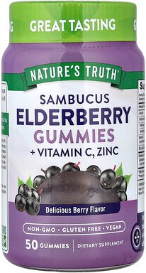 Nature's Truth, Sambucus Elderberry + Vitamin C, Holunder und Vitamin C, Zink, natürliche Beere, 50 Fruchtgummis