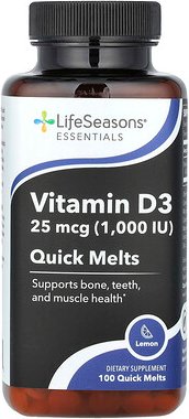 LifeSeasons, Essentials, Vitamin D3, Zitrone, 25 mcg (1.000 IU), 100 schnell auflösend