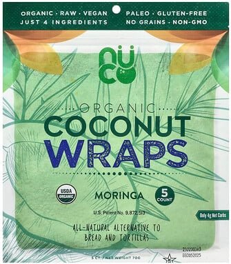NUCO, Organic Coconut Wraps, Bio-Kokosnuss-Wraps, Moringa, 5 Wraps, je 14 g