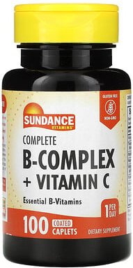 Sundance Vitamins, Vollständiger B-Komplex + Vitamin C, 100 überzogene Kapseln