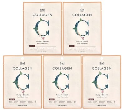 Rael, Beauty, Collagen Facial Beauty Sheet Masks, Beauty-Gesichtsmasken mit Kollagen, 5 Tuchmasken, je 25 ml (0,84 fl. o...