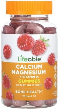 Lifeable, Calcium-Magnesium- + Vitamin-D3-Fruchtgummis, natürliche Himbeere, 90 Fruchtgummis