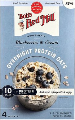 Bob's Red Mill, Overnight Protein Oats, Protein-Hafer für die Nacht, Vollkorn, Heidelbeeren und Sahne, 4 Päckchen, je 60...