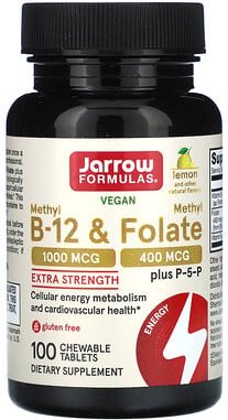 Jarrow Formulas, Vegan Methyl B-12 & Methyl Folate, veganes Methyl B12 und Methylfolat, Zitrone, 100 Kautabletten
