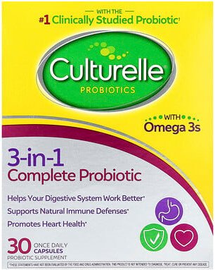 Thumbnail - Culturelle, Probiotika, 3-in-1-Komplett-Probiotikum mit Omega-3-Fettsäuren, 30 Kapseln einmal täglich