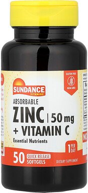 Sundance Vitamins, Zink + Vitamin C, absorbierbar, 50 Weichkapseln mit schneller Freisetzung