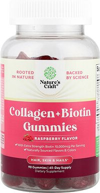 Nature's Craft, Collagen + Biotin Gummies, Fruchtgummis mit Kollagen und Biotin, Himbeere, 90 Fruchtgummis