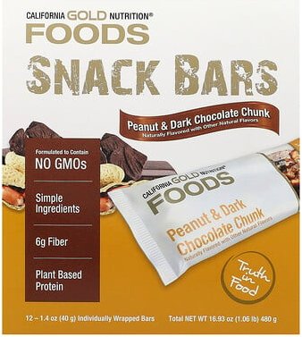 California Gold Nutrition, Foods, Peanut & Dark Chocolate Chunk Bars with Dry Roasted Almonds, Chicory Root Fiber, Pea C...