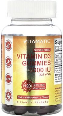 Vitamatic, Zuckerfreie Vitamin-D3-Fruchtgummis, natürliche Brombeere, 125 mcg (5.000 IU), 120 Fruchtgummis