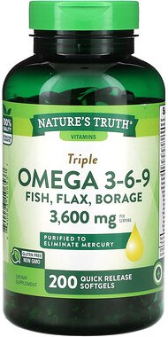 Nature's Truth, Vitamins, Triple Omega 3-6-9, Fisch, Lein, Borretsch, 200 Weichkapseln mit schneller Freisetzung