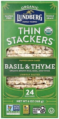 Lundberg, Organic Thin Stackers, gepuffte Getreidekuchen, Basilikum und Thymian, leicht gesalzen, 24 Reiskuchen, 168 g (...