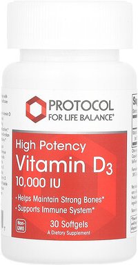 Protocol for Life Balance, Vitamin D3, High Potency, hochwirksames Vitamin D3, 250 mcg (10.000 IU), 30 Weichkapseln