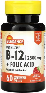 Sundance Vitamins, Fast Dissolve B-12 + Folic Acid, schnell auflösendes Vitamin B12 + Folsäure, natürlicher Beerengeschm...