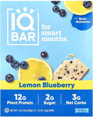 IQBAR, Plant Protein Riegel, Zitrone-Heidelbeere, 12 Riegel, je 45 g (1,6 oz.)