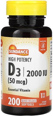 Sundance Vitamins, D3, hochwirksam, 50 mcg (2.000 IU), 200 Weichkapseln mit schneller Freisetzung