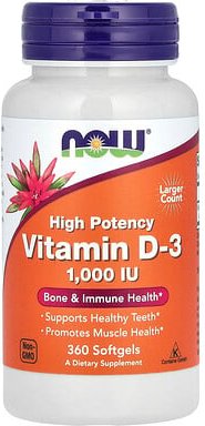 NOW Foods, Vitamin D-3, High Potency, hochwirksames Vitamin D3, 1.000 IU, 360 Weichkapseln