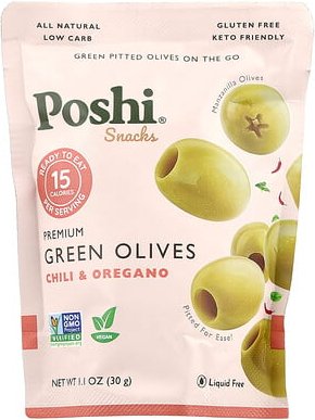 Poshi, Snacks, Premium Green Olives, Chili & Oregano, grüne Premium-Oliven, Chili und Oregano, 30 g (1,1 oz.)