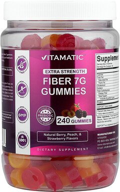 Vitamatic, Fiber Gummies, Ballaststoff-Fruchtgummis, natürliche Beere, Pfirsich und Erdbeere, 240 Fruchtgummis