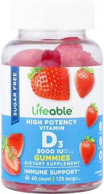 Lifeable, Vitamin-D3-Fruchtgummis, hochwirksam, natürliche Beere, zuckerfrei, 125 mcg (5.000 IU), 60 Fruchtgummis
