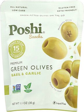Poshi, Snacks, Premium Green Olives, Green Olives, Basilikum und Knoblauch, 30 g (1,1 oz.)