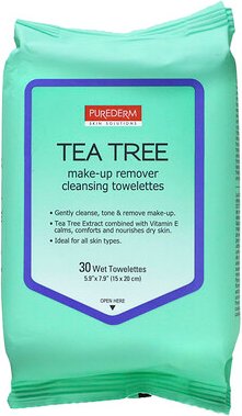 Purederm, Make-up Remover Cleansing Towelettes, Teebaum, 30 feuchte Tücher