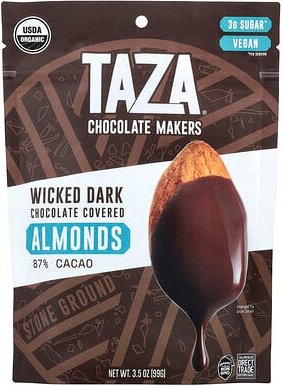 Taza Chocolate, Wicked Dark Chocolate Covered Almonds, Mandeln, mit dunkler Schokolade überzogen, 87% Kakao, 99 g (3,5 o...