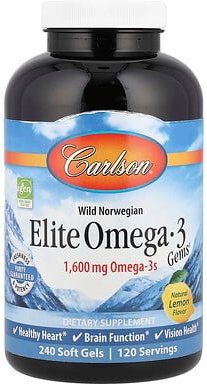 Carlson, Elite Omega 3 Gems, Omega-3-Fischöl, natürlicher Zitronengeschmack, 1.600 mg, 240 Weichkapseln (800 mg pro Weic...