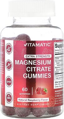 Vitamatic, Magnesium Citrate Gummies, Magnesiumcitrat-Fruchtgummis, natürliche Himbeere, 60 Fruchtgummis