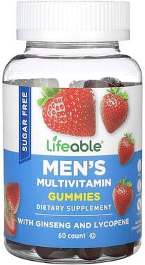 Lifeable, Multivitamin-Fruchtgummis für Männer, natürliche Erdbeere, zuckerfrei, 60 Fruchtgummis