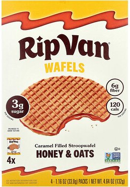 Rip Van Wafels, Caramel Filled Stroopwafel, mit Karamell gefüllte Stroopwafel, Honig und Hafer, 4er Pack, je 33 g (1,16 ...